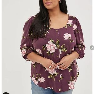 SMOCKED PUFF SLEEVE BLOUSE - TEXTURED STRETCH RAYON FLORAL PURPLE SZ 5